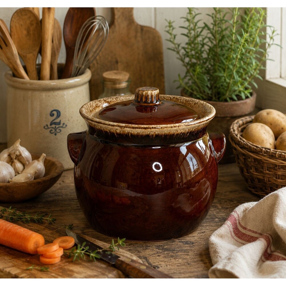 Vintage Hull Pottery | Oven Proof Brown Drip Glaze Bean Pot or Crock w/Lid | USA
